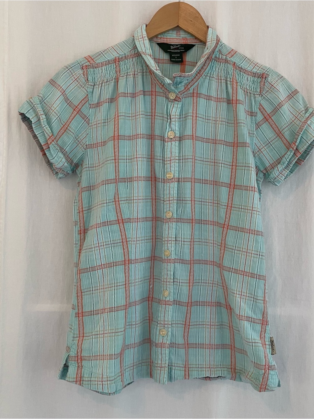 Woolrich Aqua & Coral Plaid Short-Sleeve Button-Down Shirt